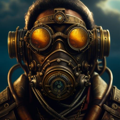 Steampunk Captain Searches Ocean: Oil Painting Style