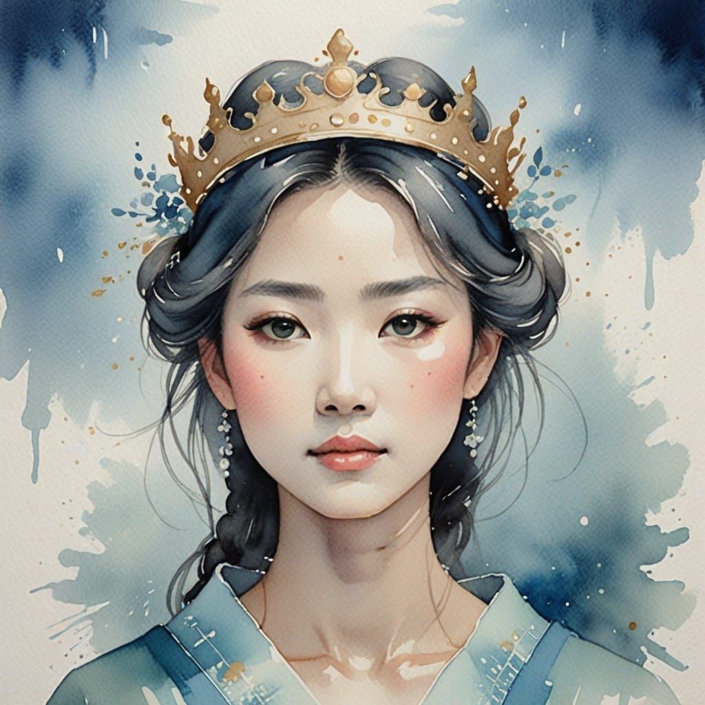 Japanese Princess Wearing a Gold Ink Crown in Watercolor