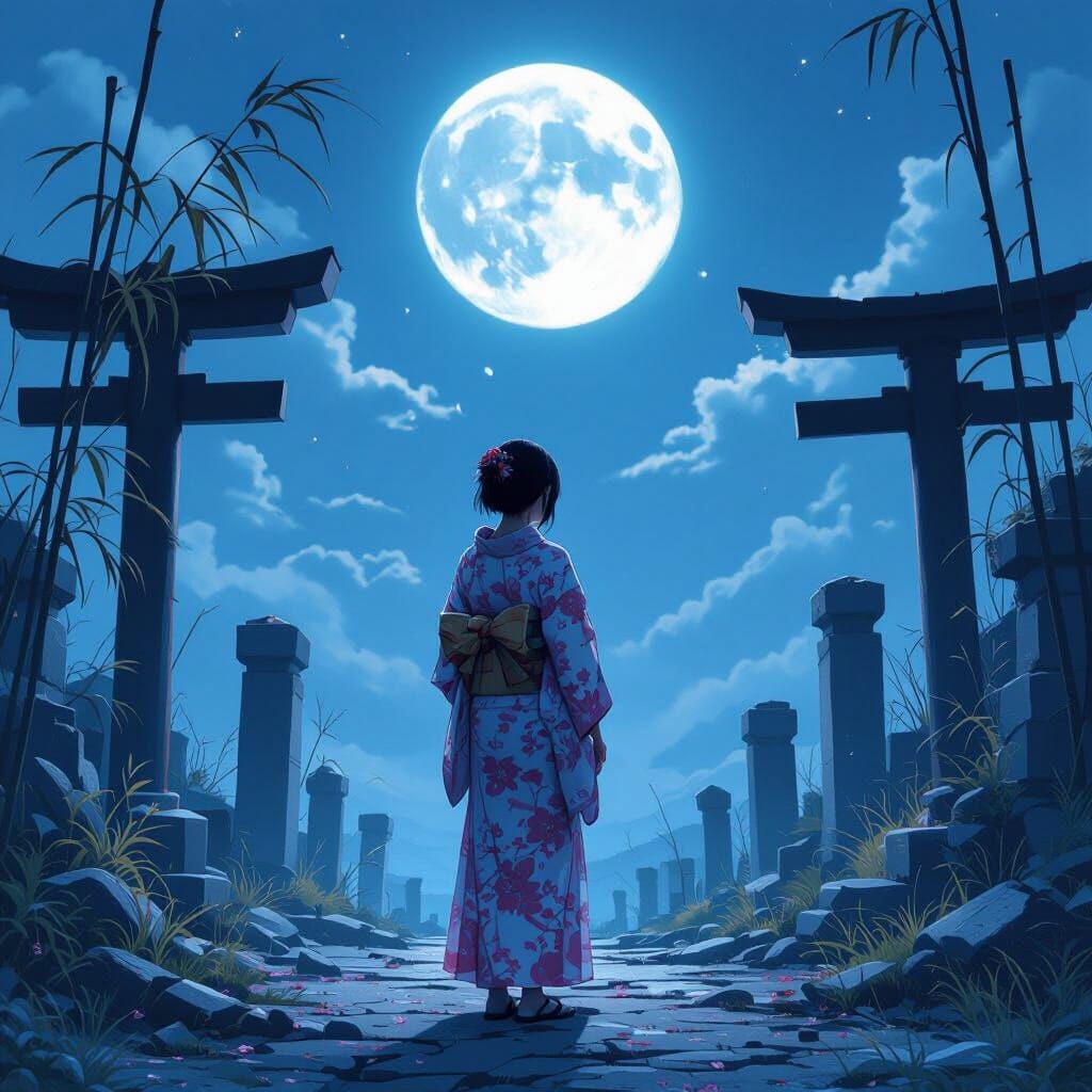 Lonely Teen Gazes at Moonlit Shrine in Hyperrealistic Art