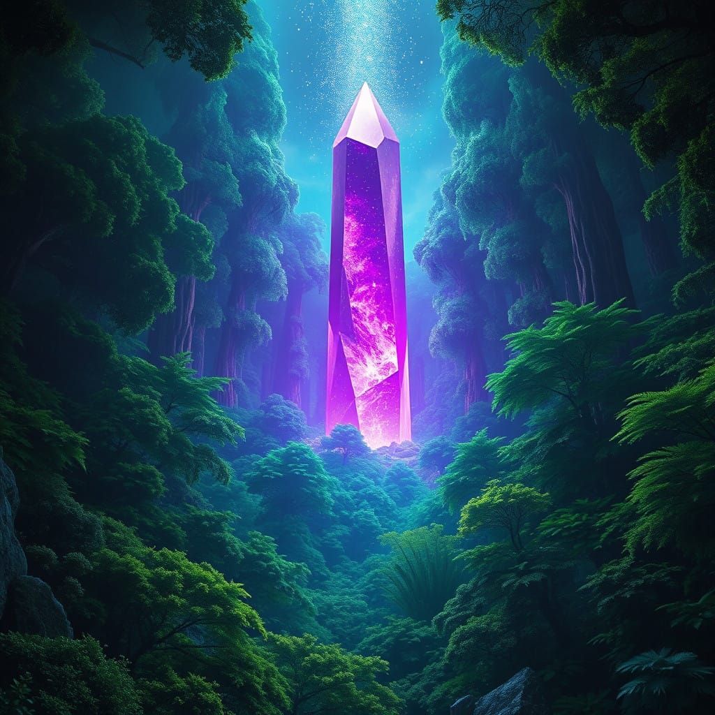 Ethereal Forest Landscape Illuminated by a Regal Purple Crys...