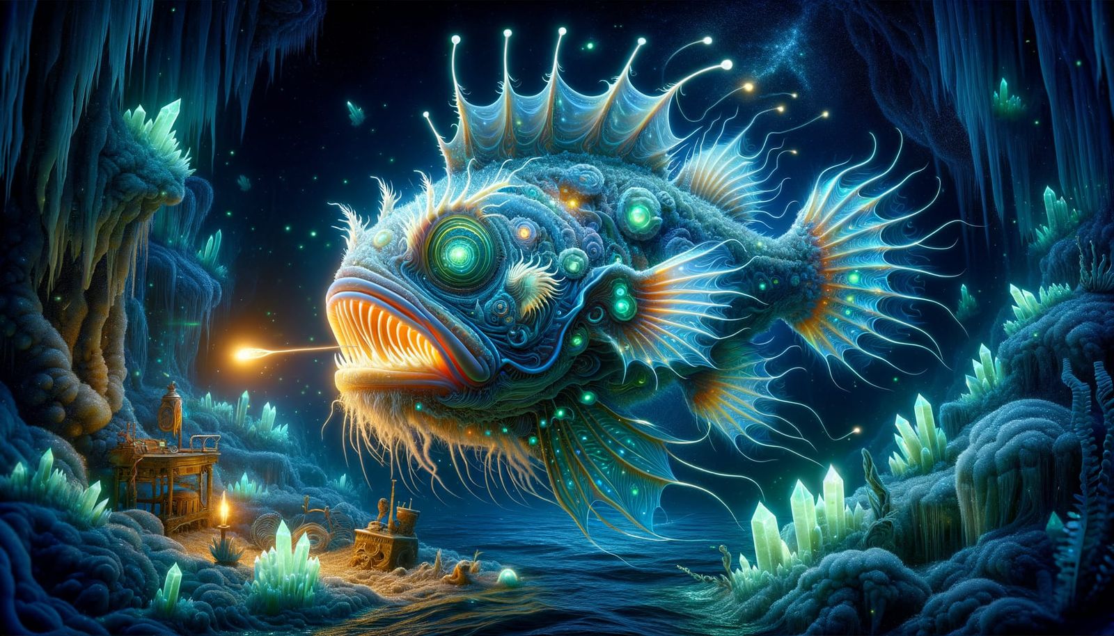 Bioluminescent Anglerfish in a Crystal Grotto
