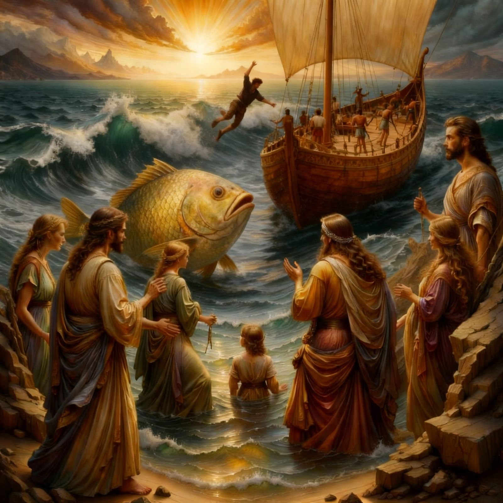 Jonah Swallowed by Fish in Biblical Watercolor Style