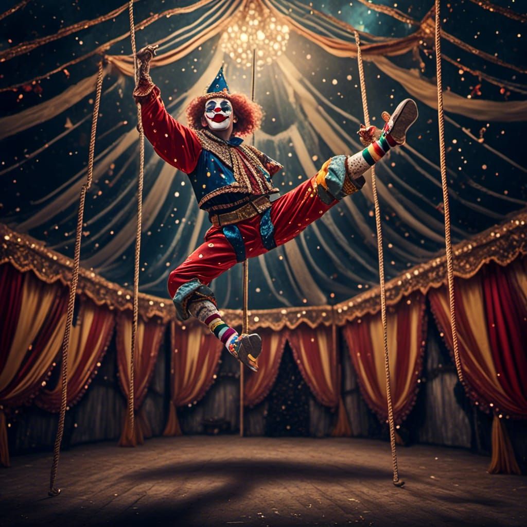 Clown Acrobats on Circus Swing, Hyperrealistic