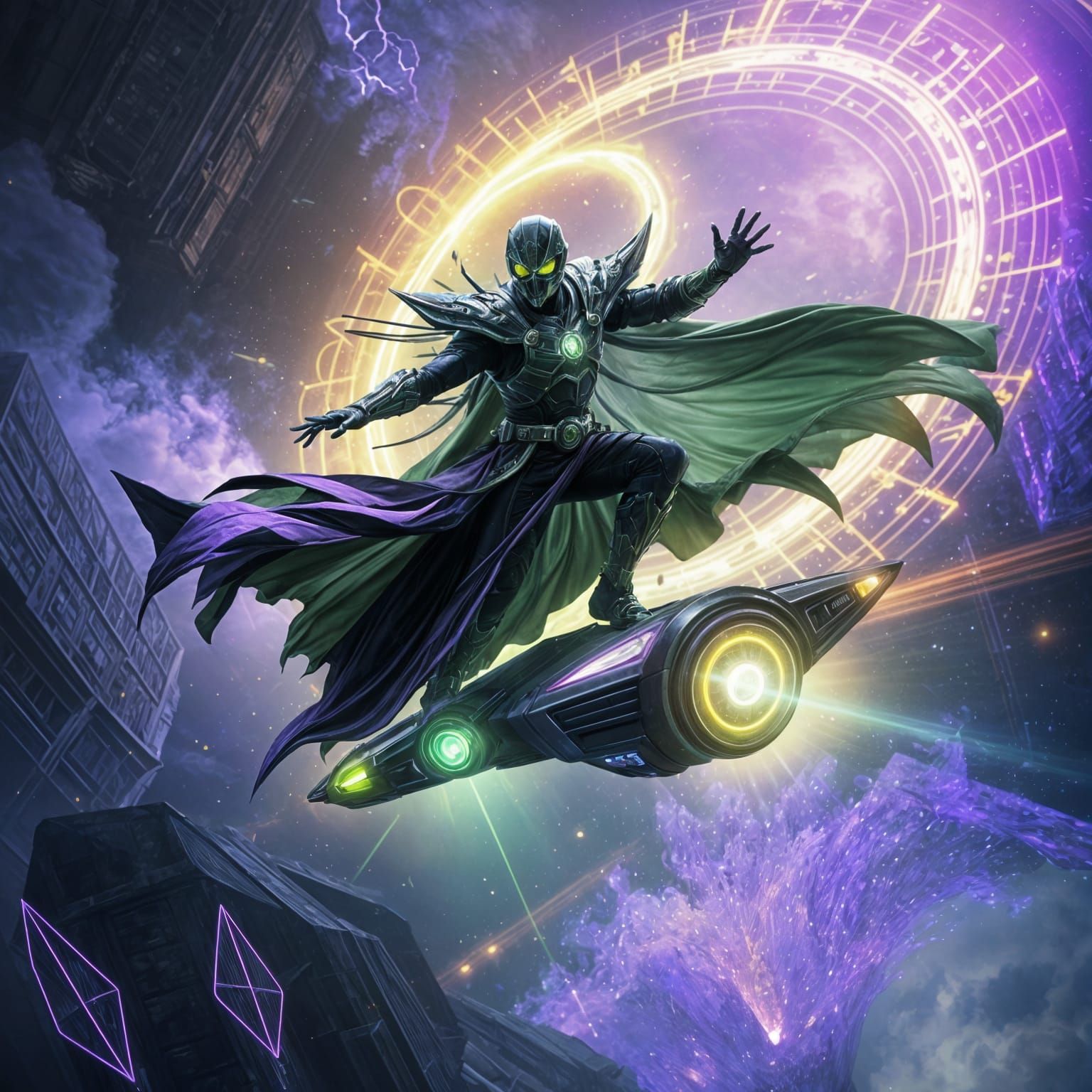 Ethereal Dark Fantasy Hero on a Flying Hoverboard in Cyberpu...