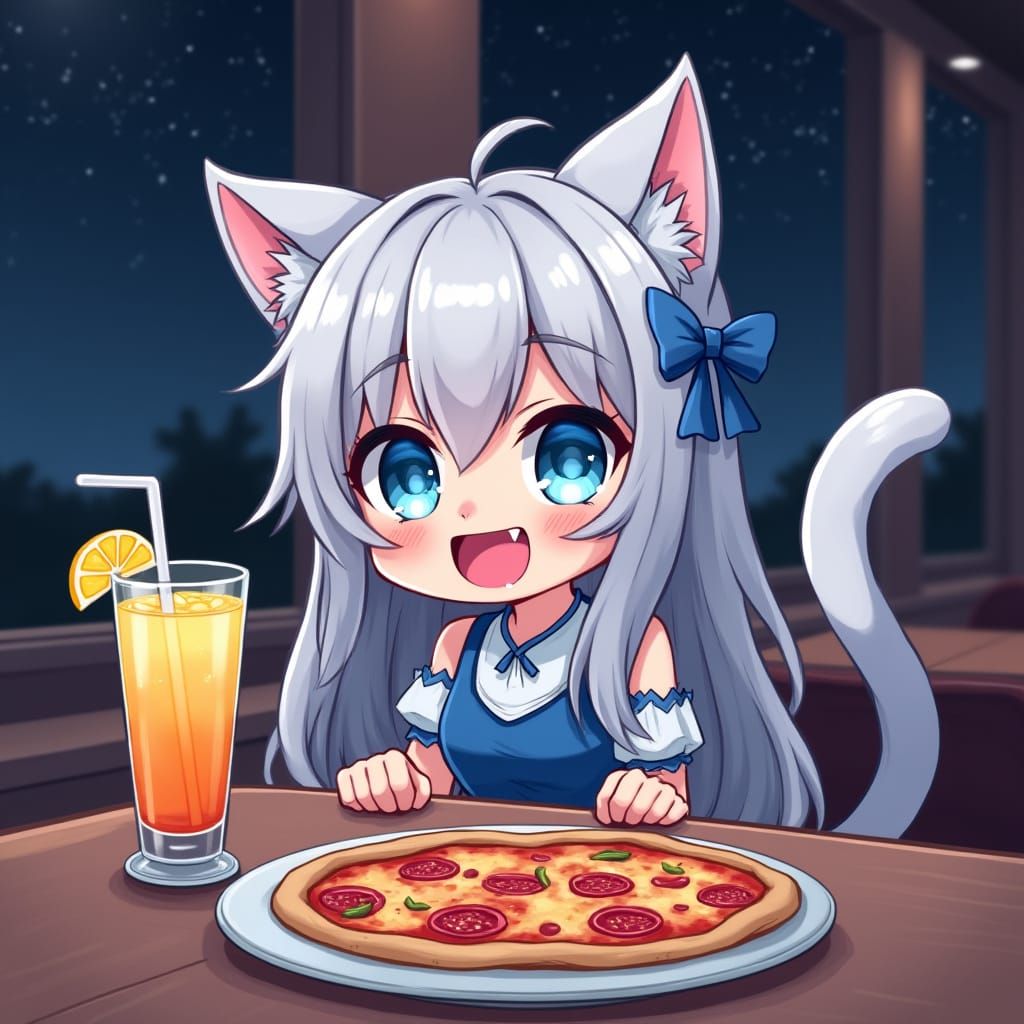 Anime Catgirl Enjoys Pizza and Lemonade at Night