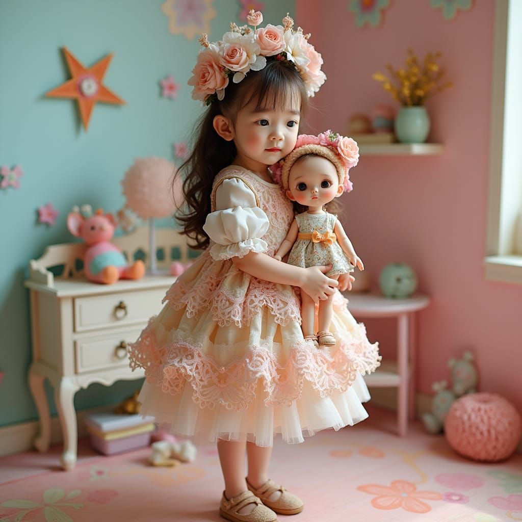 Girl with BJD Doll in Whimsical Pastel Room