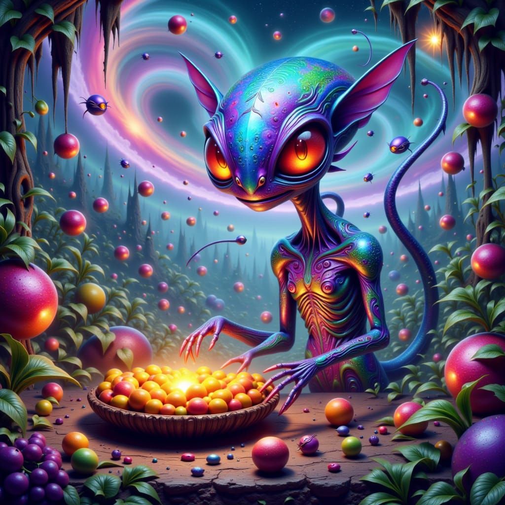 Bioluminescent Alien Fruit Stand: Moebius-Inspired Art