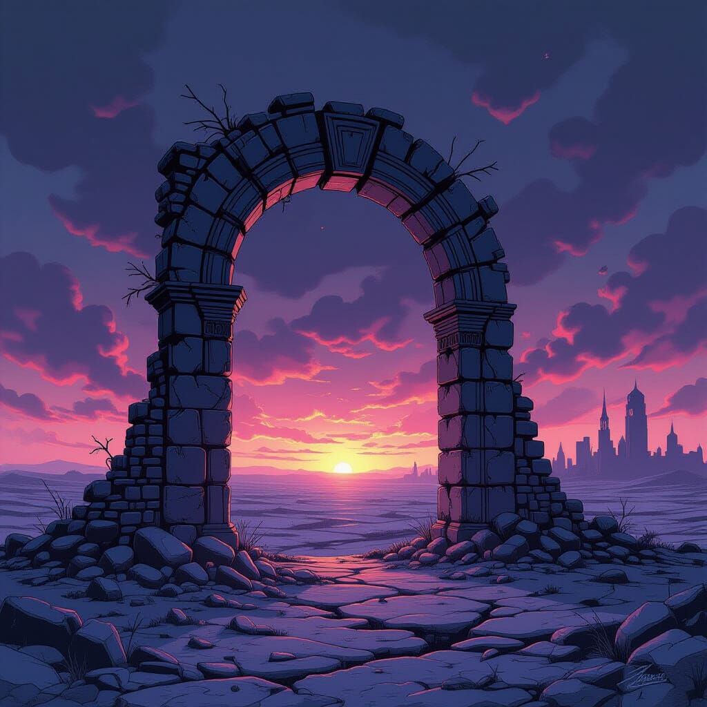 Ancient Archway on Ash Plain With Ruined City