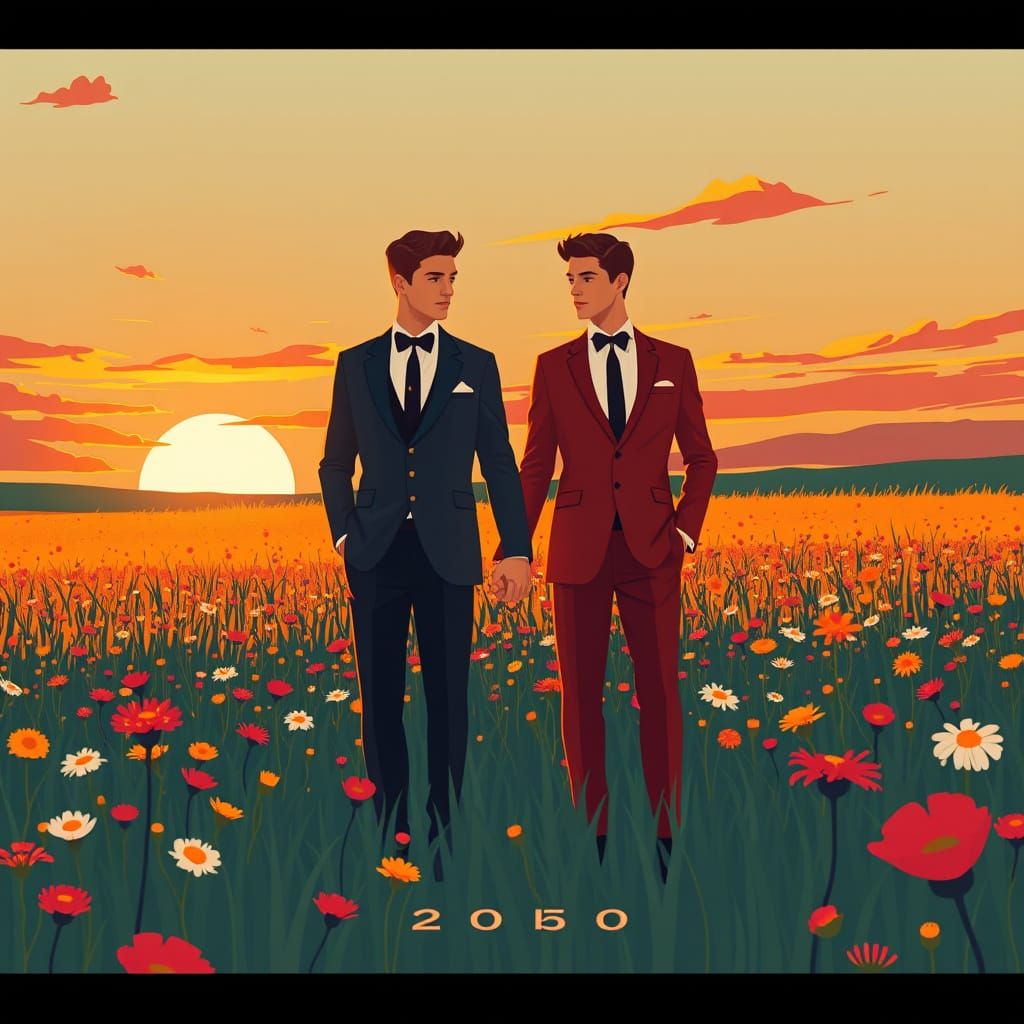 Art Deco Men in Wildflower Field at Sunset