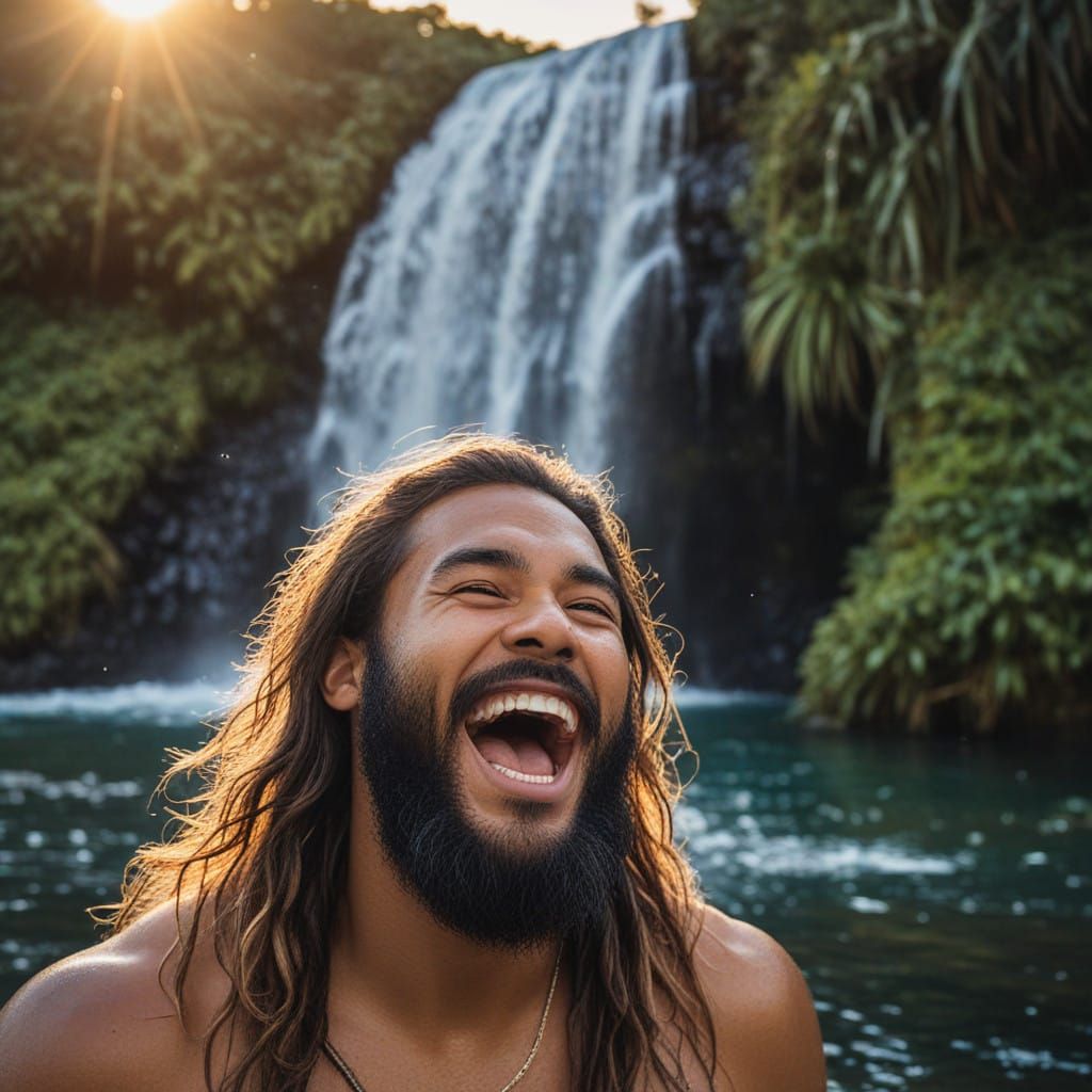 Samoan Gentleman Smiles with Friends at Sunset