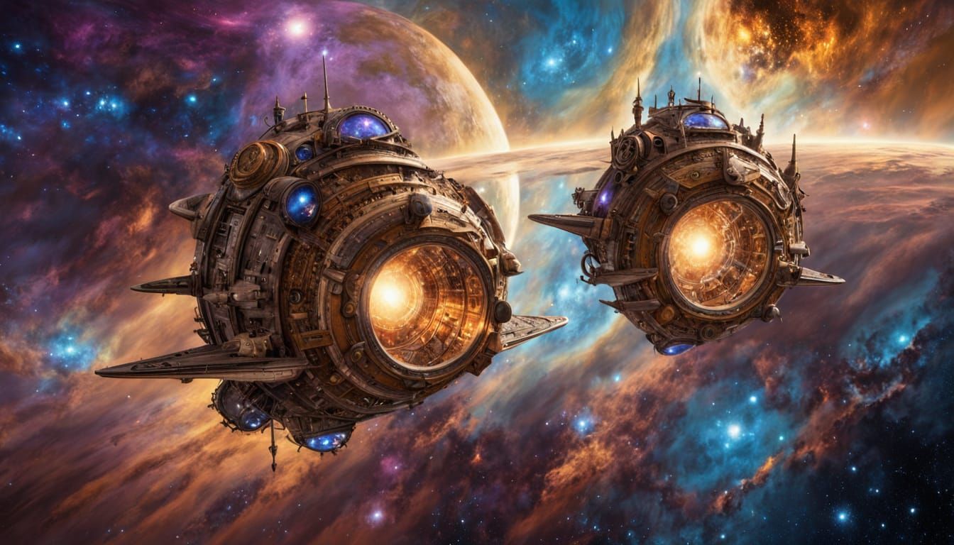 Steampunk Space Explorers in Golden Light