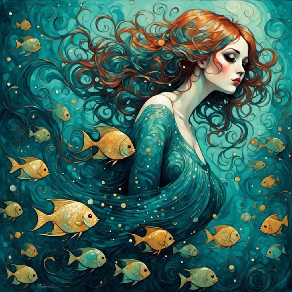 Mystical Cosmic Angelfish in Klimt Klee Style