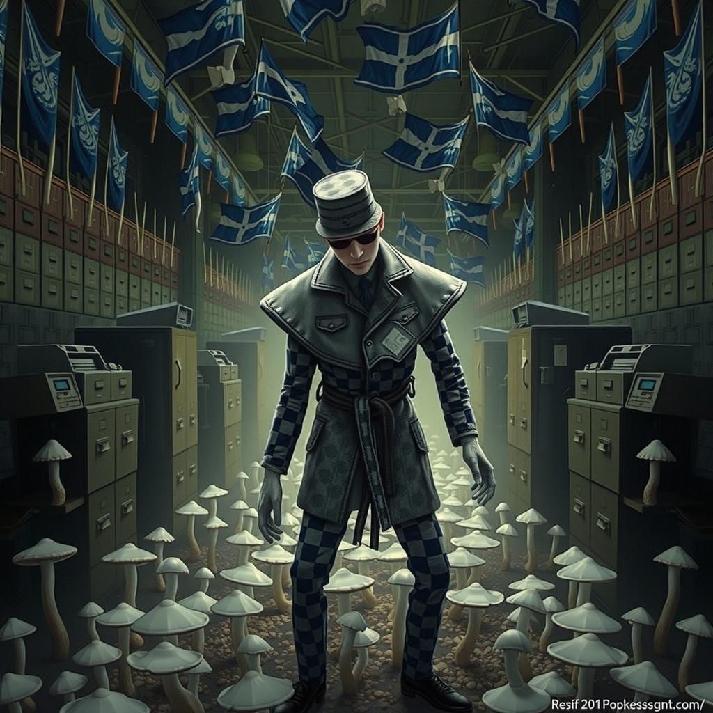 Dystopian Bureaucrats Counting Glowing Mushrooms