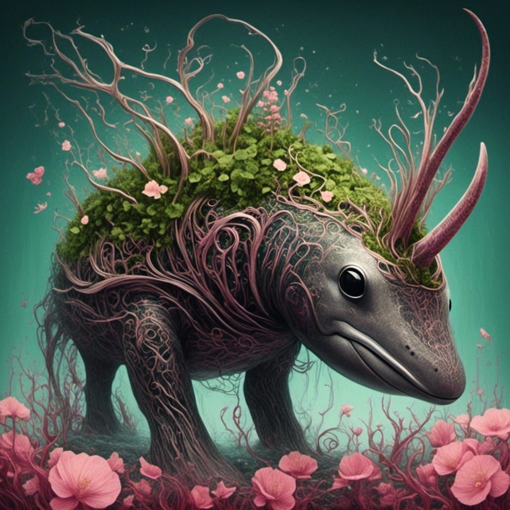 Narwhal in Lush Garden: Whimsical Digital Illustration