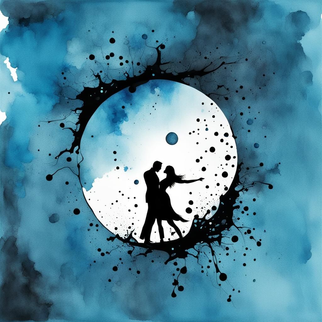 Ink Dancers Under Azure Moon Watercolor