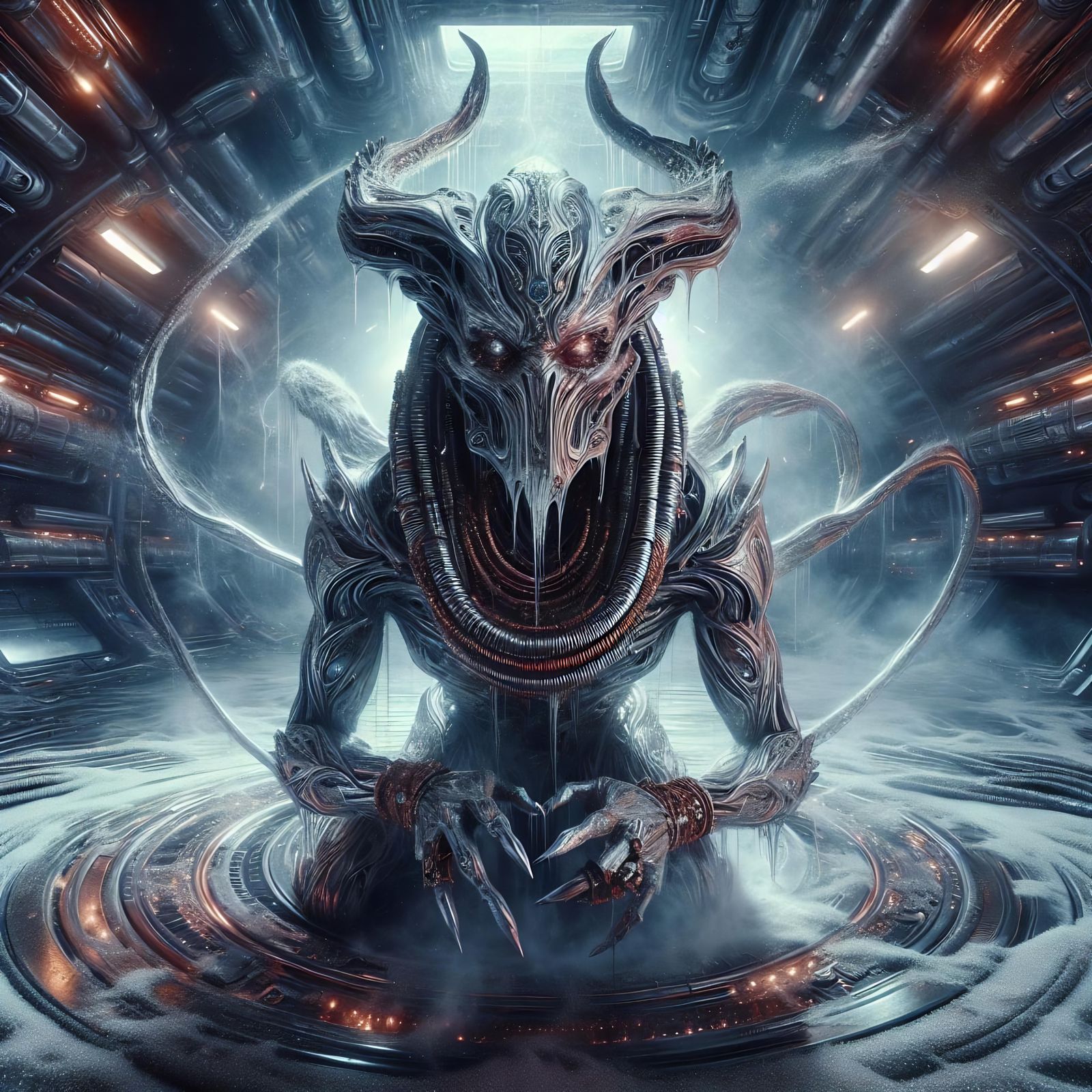 Otherworldly Creature Kneels in Post-Apocalyptic Lab