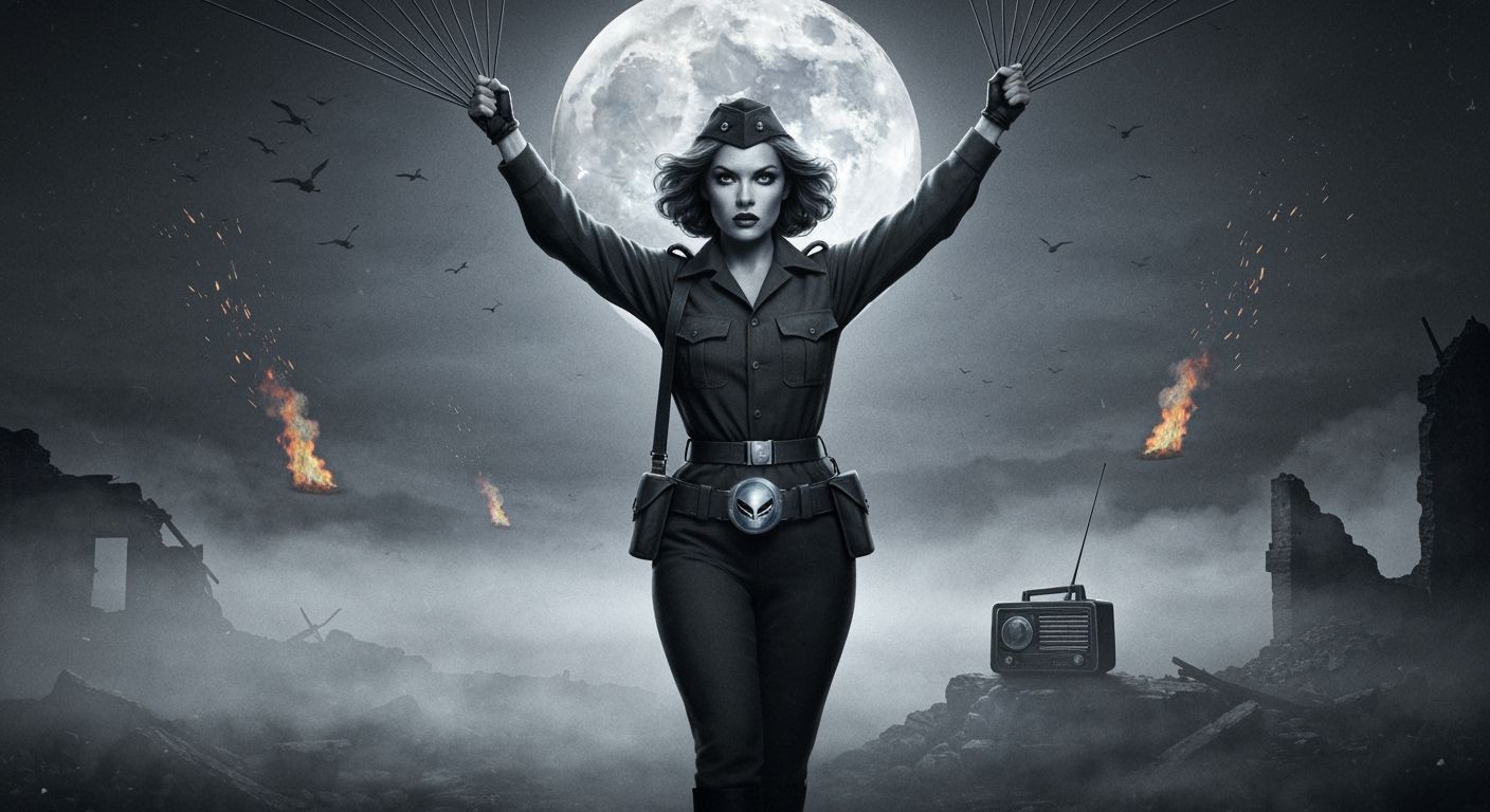 WWII Operative Parachutes Under Moonlight with Alien Artifac...