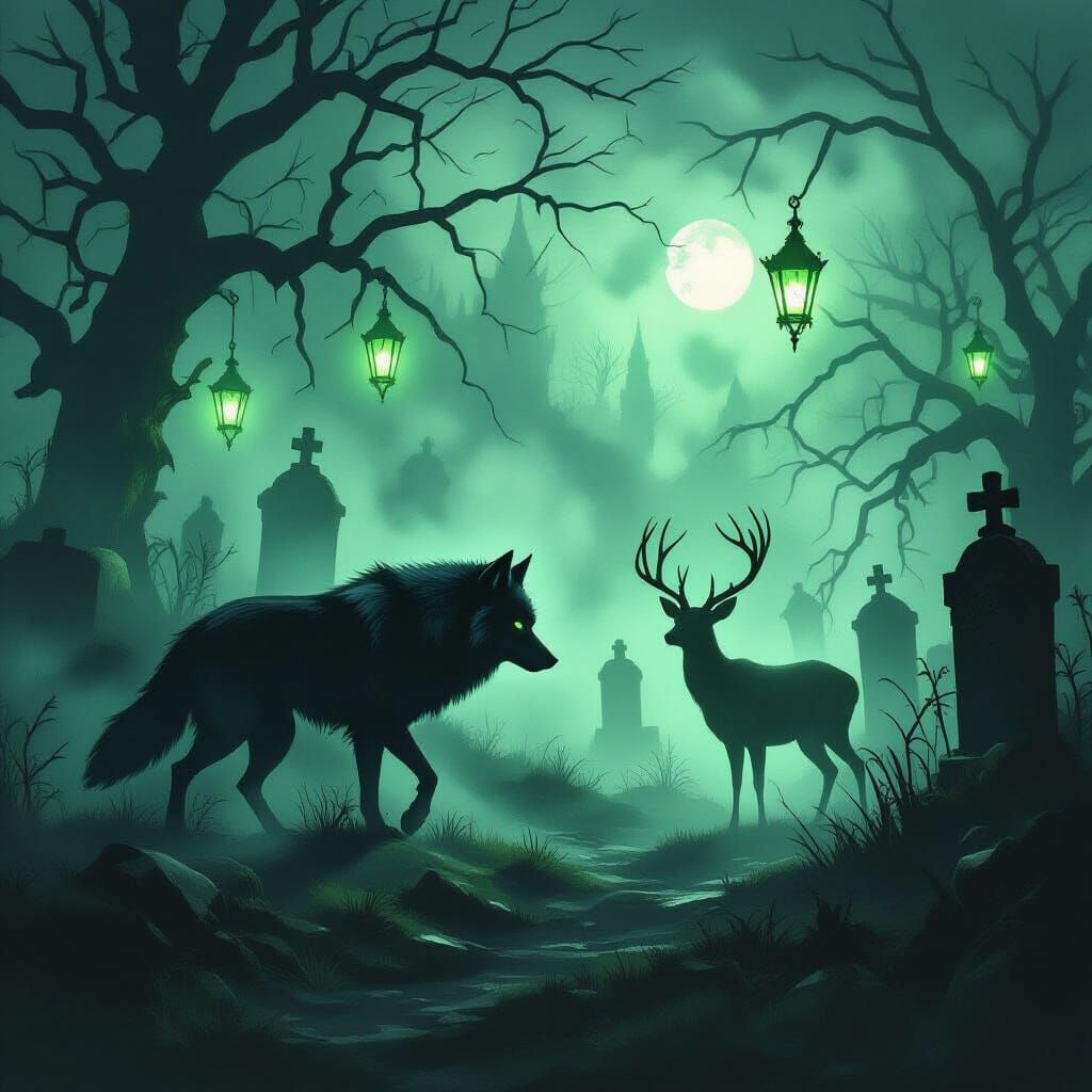 Shadowy Wolf Hunts Deer in Misty Graveyard, Gothic Oil Paint...