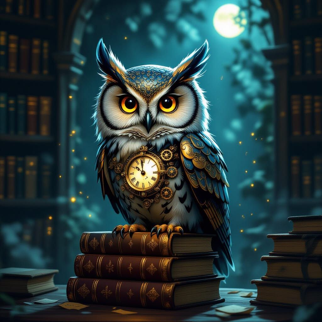 Clockwork Owl on Books in Moonlit Study