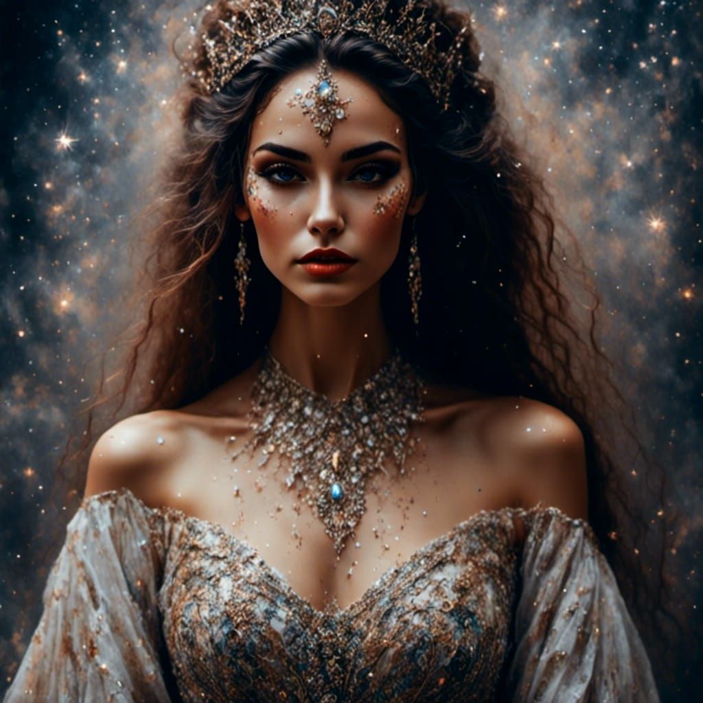 Beautiful Woman with Starlight Gown, Hyperreal Macabre Style