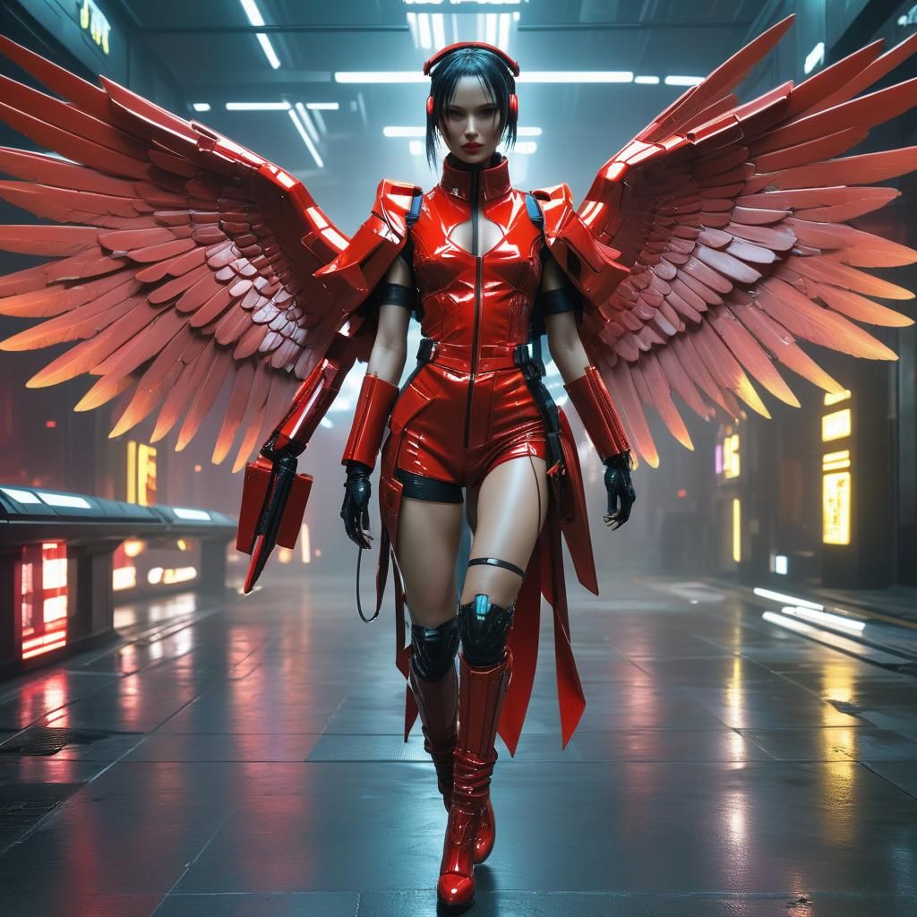 Futuristic Fashion: Girls in Red with Angel Wings