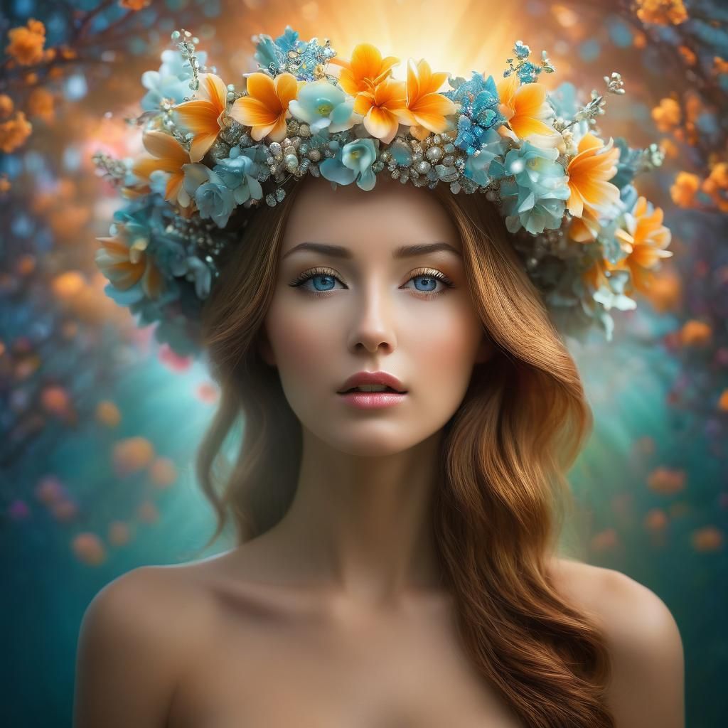 Woman with Flower Crown in Solarized Pearlescent Portal