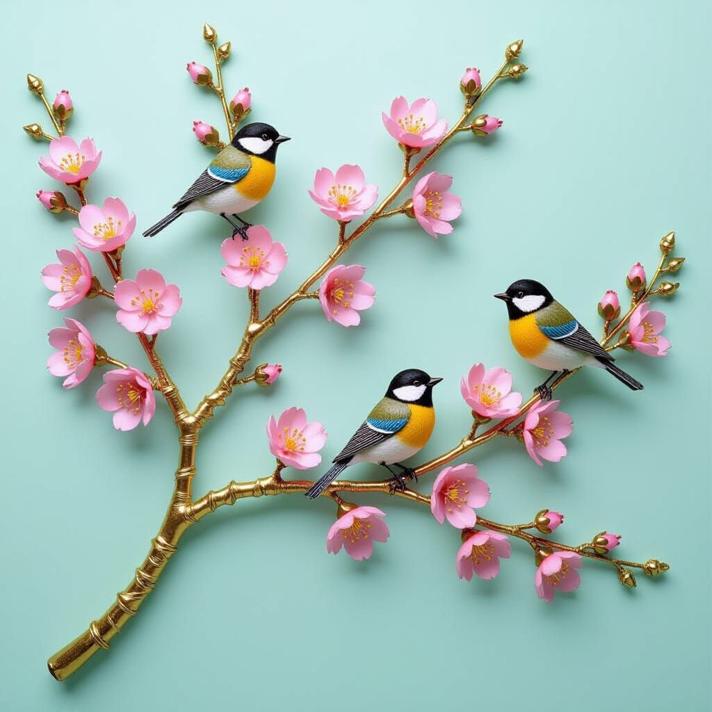 Golden Wire Peach Blossom Tree with Birds