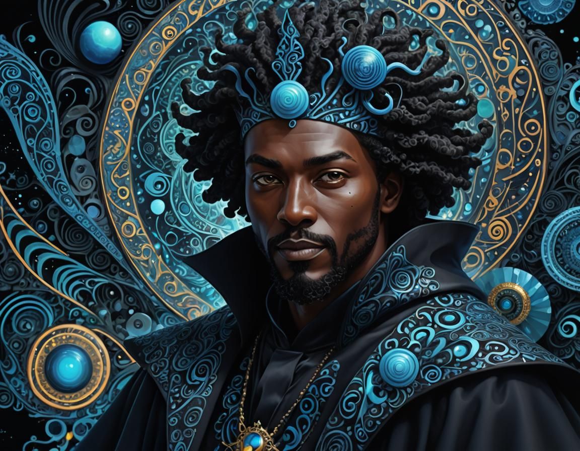Black Magician Conjuring Fractals in Surreal Digital Art