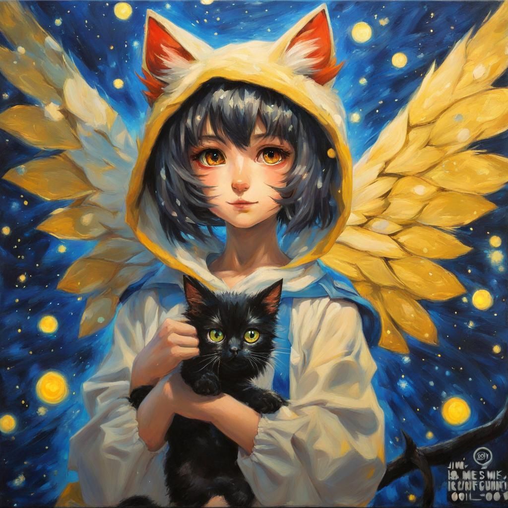 Anime Cat-Girl with Wings in Van Gogh Style