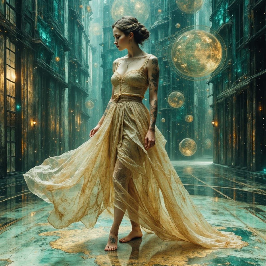 Celestial Woman on Reflective World Map Floor