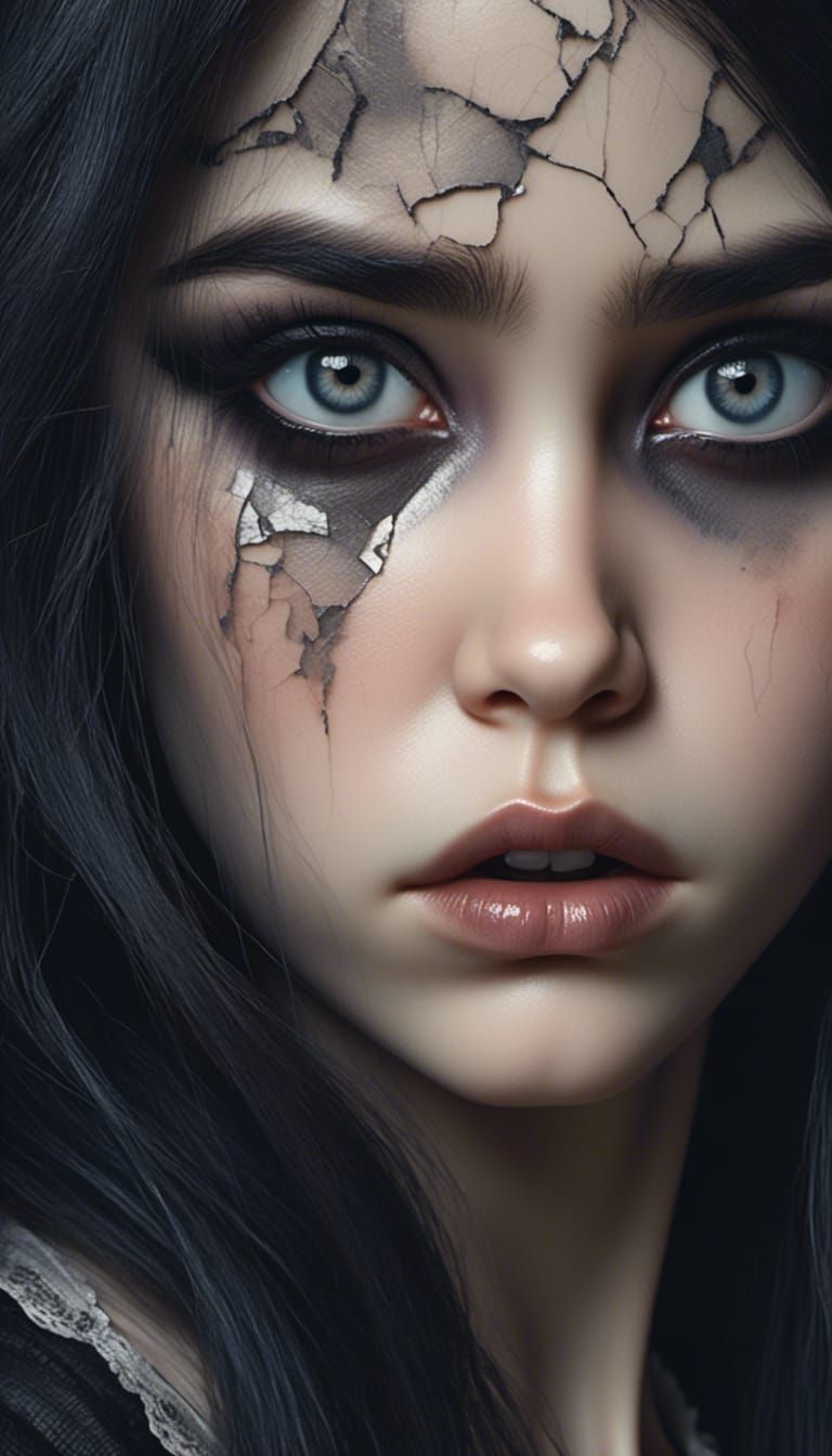 Gothic Woman's Reflection in Broken Mirror