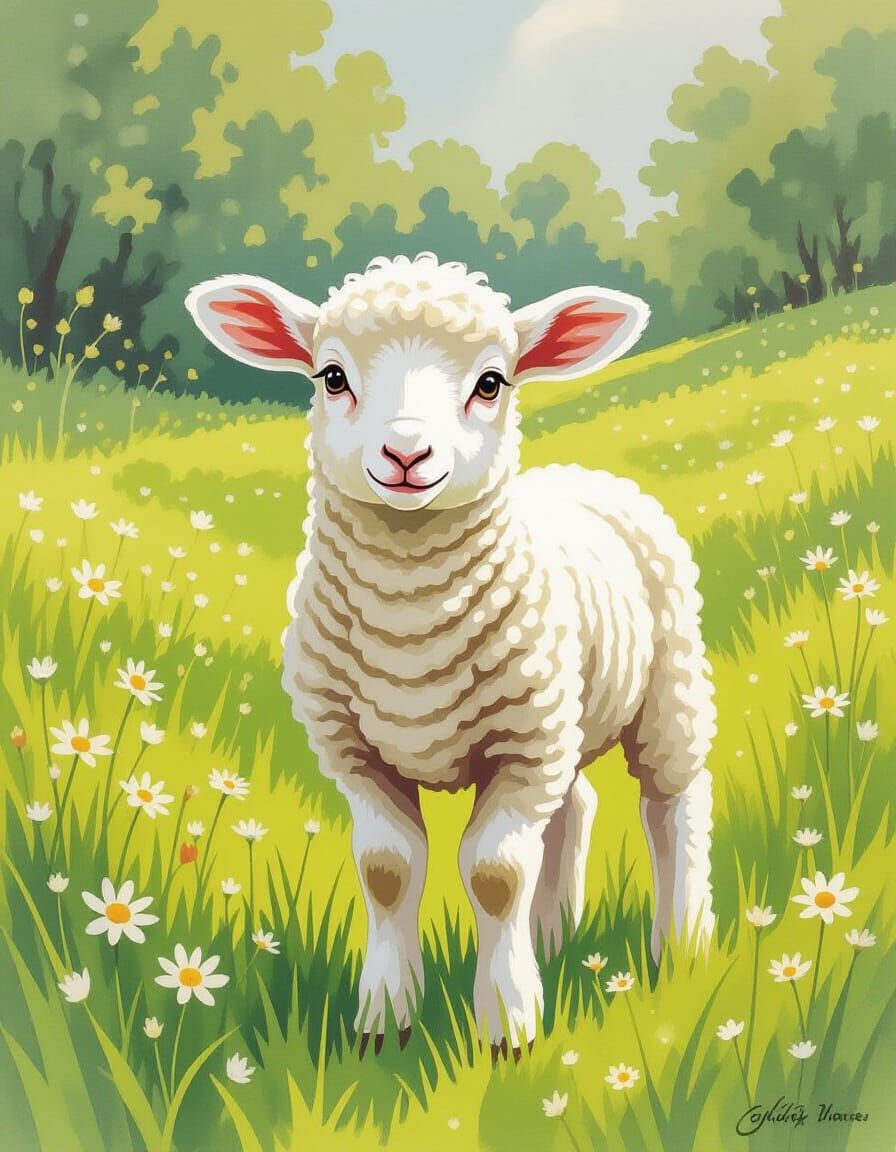 Timid Lamb in Meadow, Vintage Illustration