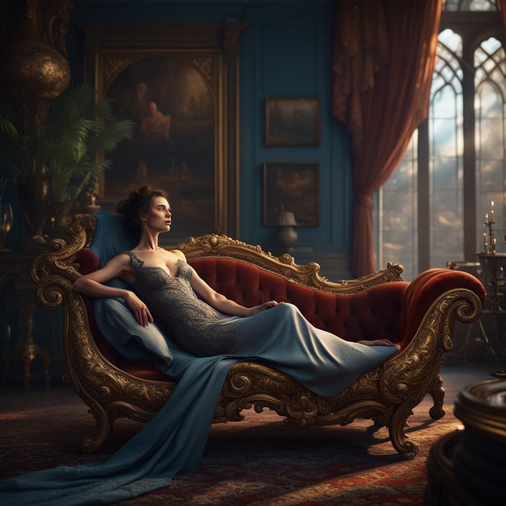 Woman on Chaise Longue: Detailed Matte Painting