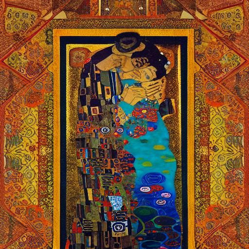 Embracing Lovers Emerge from Carpet in Klimt Style