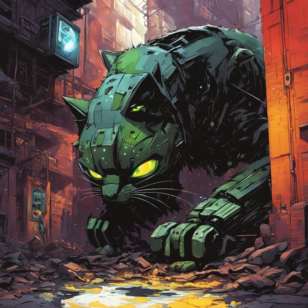 Cybernetic Cat Lurks in Neon Alleyway, Mouse Dangling from i...