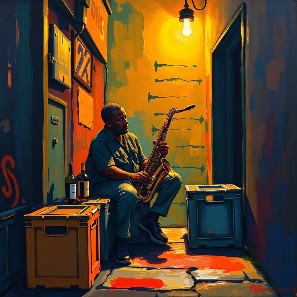 Saxophone Player in Dim Alley: Abstract Art Style