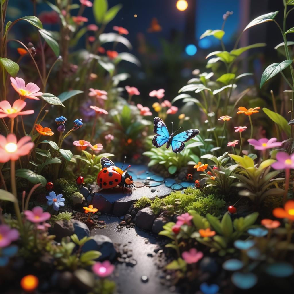 A charming miniature garden with glowing, vibrant plants and...