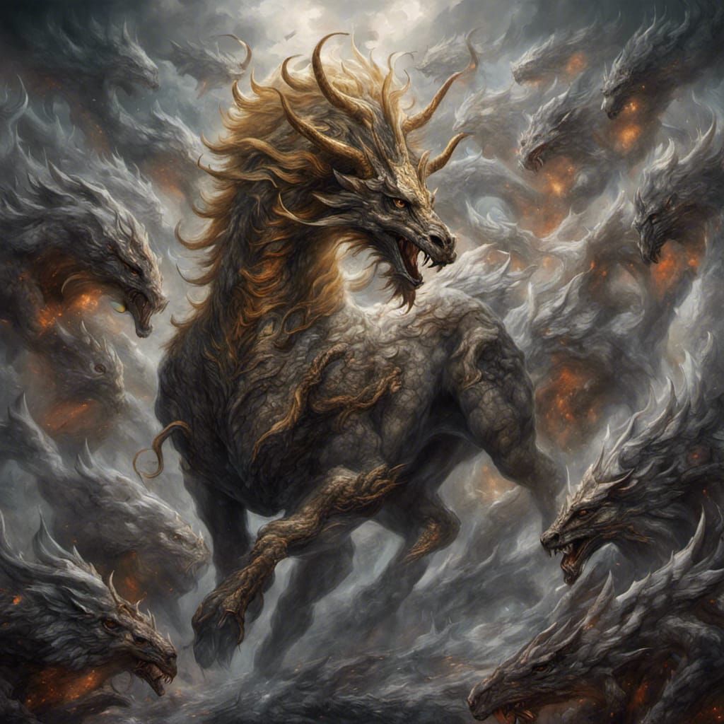 Kirin Descends on Dragons in Hyperrealistic Painting