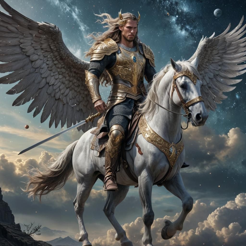 Viking God Astride Pegasus in Starry Sky