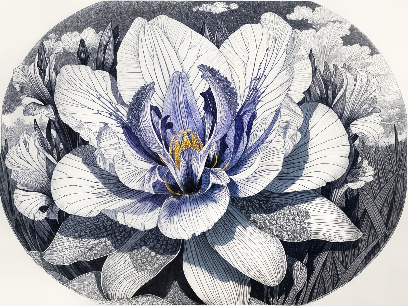 Intaglio Illustration of a Blooming Iris Sibirica
