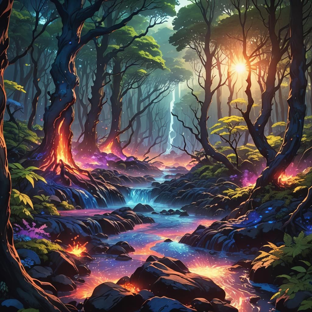 Vibrant Anime Forest with Blue Lava