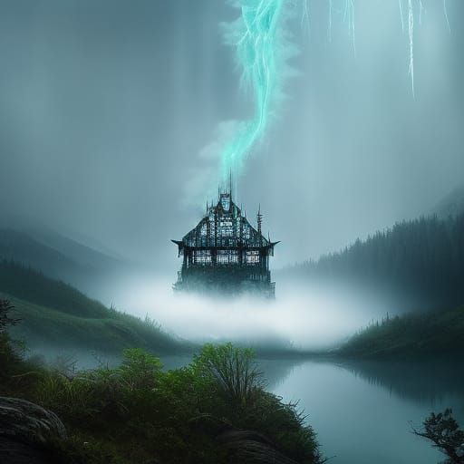 Ethereal Ghostly Wraith Emerges from Forest Lake