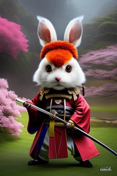 Rabbit Samurai in Bamboo Garden: 8K Digital Art