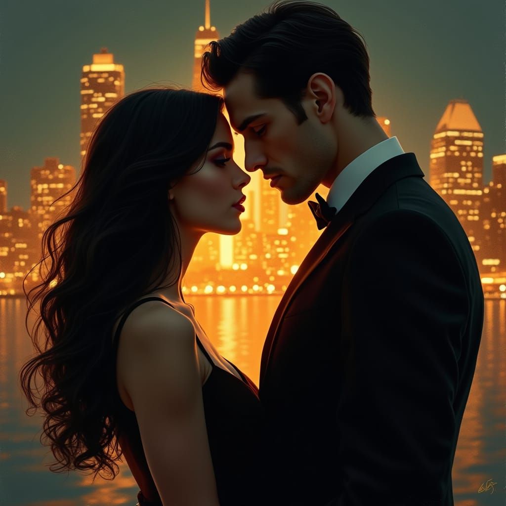 Couple Facing City Skyline with Dramatic Tension