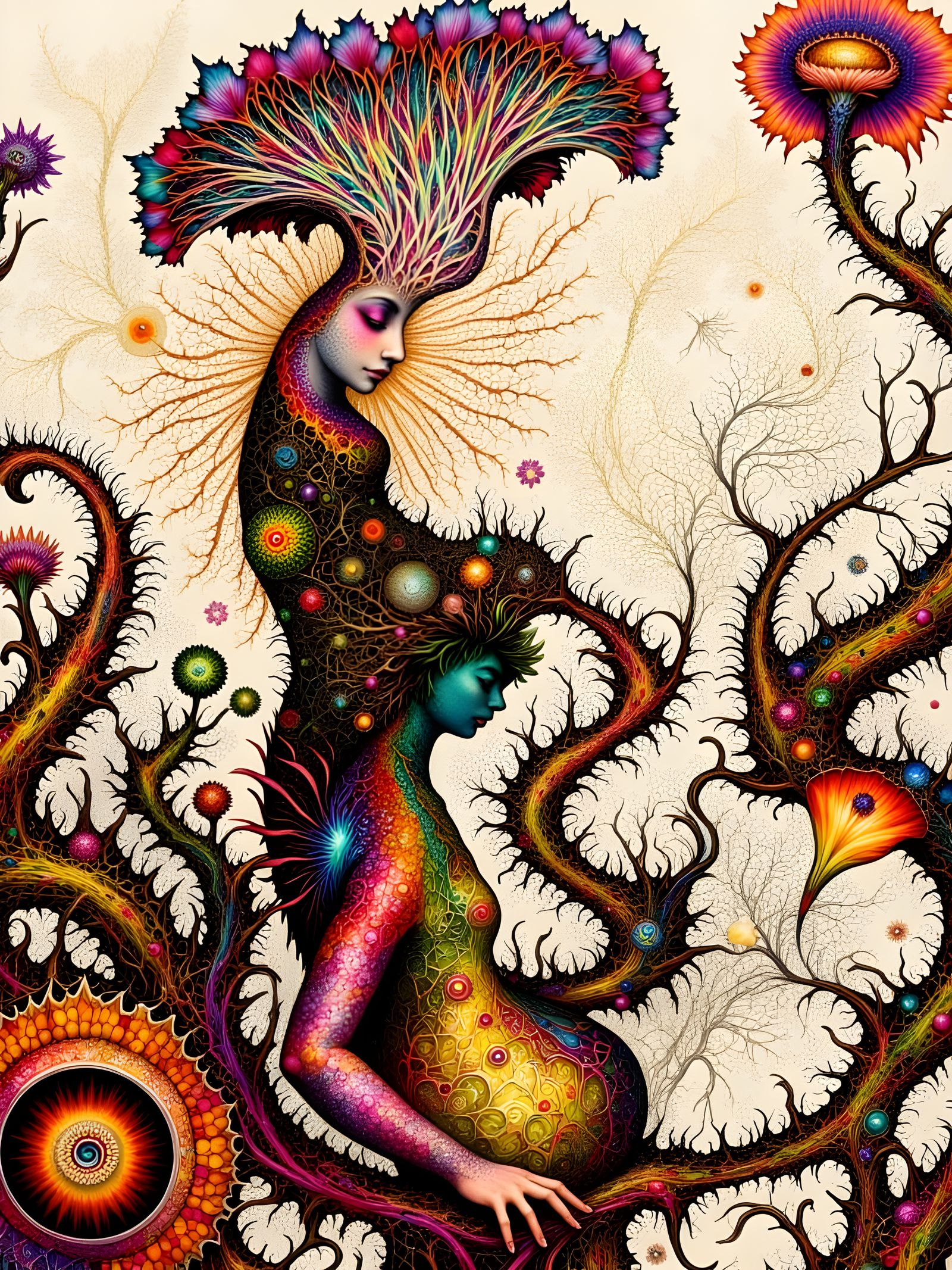 Intricate Owl Goddess and Pregnant Model in Neon Orchid