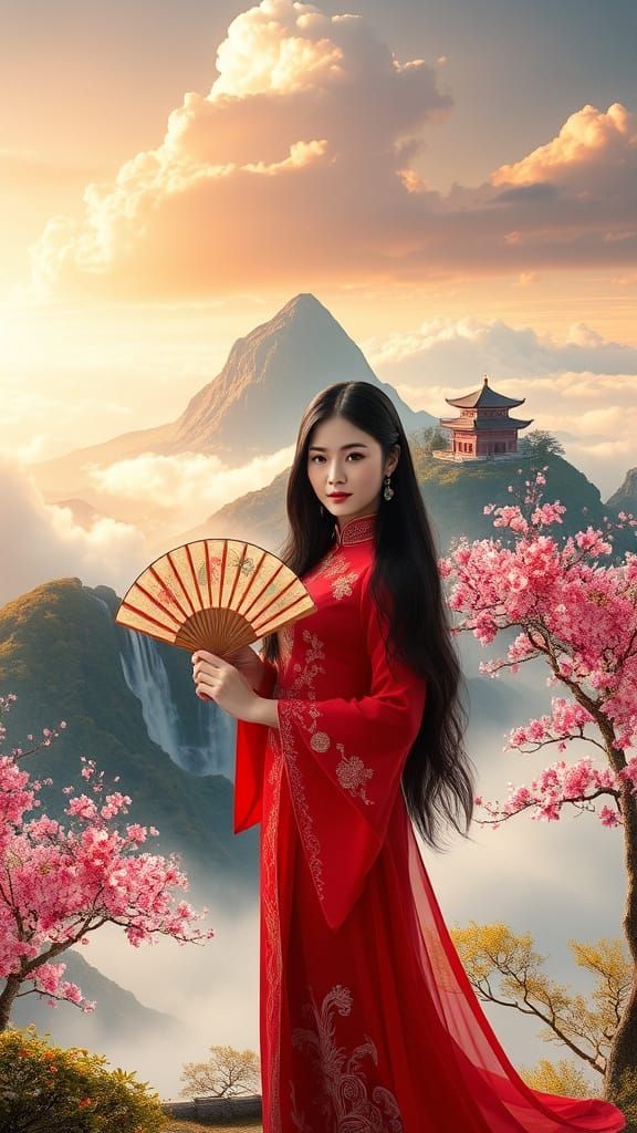 Elegant Fantasy Maiden Amidst Majestic Mountain and Temple