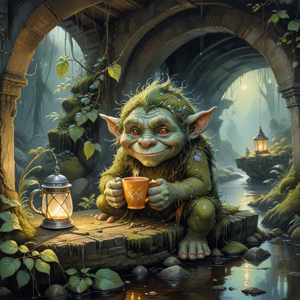 Mystical Troll Serves Enchanted Coffee Under Mossy Bridge