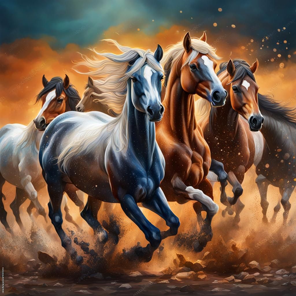 Female Centaur with Wild Mustangs: Hyperrealistic Splash Art