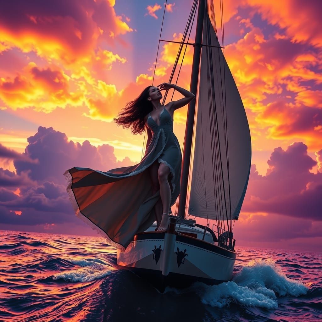 Curvy Woman on Sailboat at Colorful Sunset