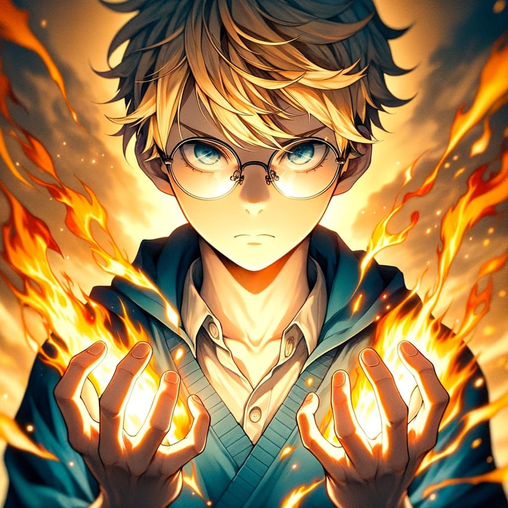 Anime Boy with Fiery Hands in Intense Atmosphere